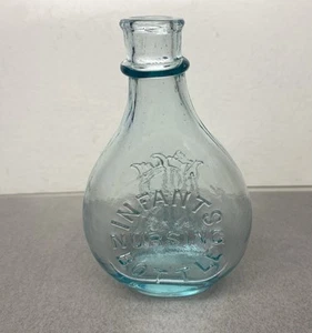 Antique INFANT NURSING BOTTLE Embossed NURSER Aqua Glass Flask Shaped - Picture 1 of 14