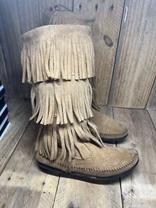 Minnetonka Tan Suede Triple Fringe Boot 1637 Calf High Women's Size 7 M - Picture 1 of 9