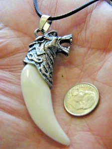 Wolf Necklace Resin BIG White 2 3/4" Tooth Silver Wolves Head 17.5-19.5" NEW - Picture 1 of 8