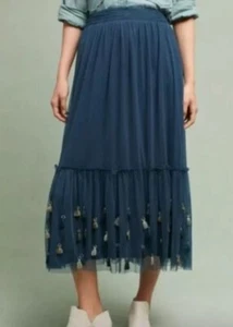 NWT Anthropologie Maeve Tulle Tassels Maxi Skirt Navy Size L - Picture 1 of 11