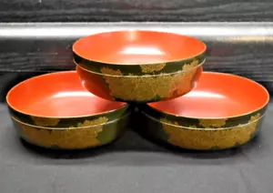 Set of 3 - Vintage Japanese Lacquerware - 5" Green/Gold Rice / Soup Bowls (584) - Picture 1 of 15