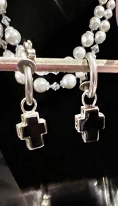 Vintage Black Onyx Sterling Silver SQUARE CROSS Dangle EARRINGS THAILAND - Picture 1 of 12