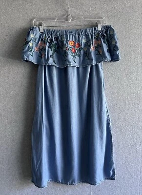 Джинсовая ткань F & F женщин 4 платье шамбре с плеча вышитый цветочный богемное синий - Изображение 1 из 4