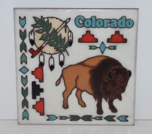 MASTERWORKS HANDCRAFTED ART TILE - COLORADO, BUFFALO TRIBAL DESIGN -TRIVET DECOR - Picture 1 of 2