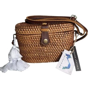 Vietnam Handwoven Lined Straw Crossbody Purse Bag Leather Adjustable Strap NEW - Picture 1 of 21