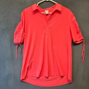 Chico’s Zenergy Hot Pink Ruched Sleeve Polo Tunic Top Size 1 (8/10) Quiet Luxury - Picture 1 of 10