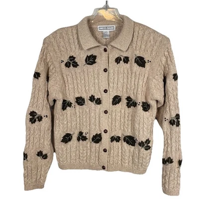 Vtg Cable Knit Cardigan Sweater Size L Beige Embroidered Fall Leaves Cottagecore - Image 1 of 4