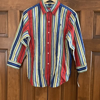 NUEVO CON ETIQUETAS Camisa Chaps Lino Algodón Multicolor Rayas Abotonada Mujer’s Mediana M Foto 1 de 4