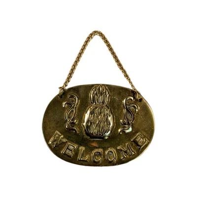 Vtg Solid Brass Pineapple Welcome Sign Wall Hanging House Apartment Sign Gold - image 1 of 4