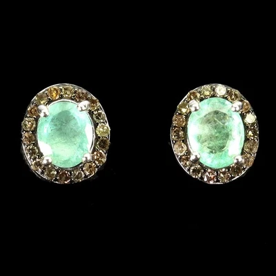 925 Sterling Silver Earrings Oval Emerald 6x5mm Diamond 36pcs Gemstone Jewelry - Image 1 of 4