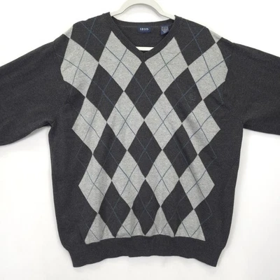 Suéter IZOD Argyle Hombres XL Gris Cuello en V Pullover Algodón Tejido Golf Estilo Abuelo Foto 1 de 4