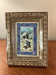 Vintage persischer Khatam Intarsien Rahmen Holz Intarsien gerahmt Gemälde Jagdszene - Bild 1 von 8