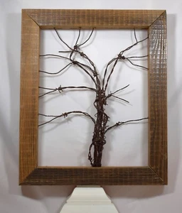 Rustic Barn Wood Barbed Wire Sculpture Wall Art 19"x16" 3D Vintage Retro - Picture 1 of 7