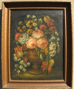 Antiguo bodegón de mediados del siglo XIX pintura flores en recipiente estilo antiguo maestro - Imagen 1 de 18