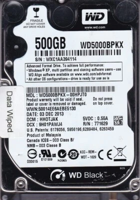 WESTERN DIGITAL BLACK WD5000BPKX-00HPJT0 dcm: HH0TJAK sn: WXC1AA 500GB 2.5" SATA - Image 1 of 4