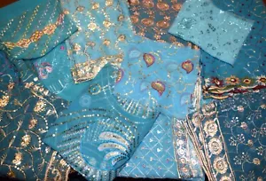 10 Pack 12" x12" Blue Vintage Dupatta,Fabrics, Embroidered Beaded swatches - Picture 1 of 2