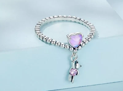 Exquisito anillo con cuentas con dije de globo de oso pequeño de plata de ley 925 Foto 1 de 4