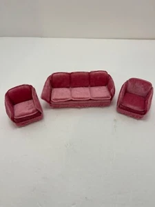Vtg Lundby Pink Velvet Living Room Furniture Sofa Chairs Dollhouse Miniatures - Picture 1 of 9