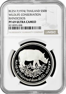 Thailand 50 baht 1974, NGC PF69 UC, "Environmental Protection - Rhinoceros" - Picture 1 of 2