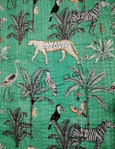 Jungle Print Handmade Vintage Throw Reversible Blanket Quilt Kantha Cotton - Picture 1 of 7