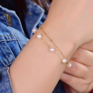 Woman Fashion Gold Plated Pearl Beaded Double Layers Bangle Bracelet Cuff - Picture 1 of 5