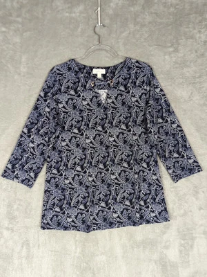 Top túnica grande náutico Magnolia Grace para mujer azul marino y blanco cachemir manga 3/4 Foto 1 de 4