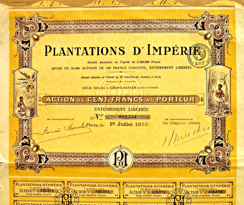 Plantations D' Impérié Costa de Marfil acciones coloniales 1928 Costa de Marfil África Foto 1 de 1