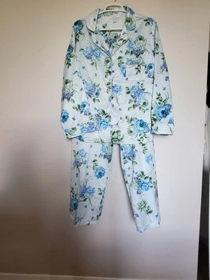 Miss Elaine Blue Floral Sateen Pajama Top Pants Set Size L Cottage Core - Image 1 of 4