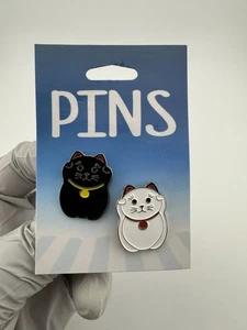 White & Black Lucky Cat Enamel Lapel Pins. Set Of 2 Pins. - Picture 1 of 6