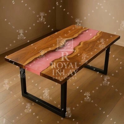 Pink Resin River Dining Table|Live Edge Wood Epoxy Table|Modern Handmade Table - Image 1 of 4