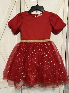 Girls Btween 2 Pc Red Gold Moon Stars Christmas Dress and Matching Hair Clips 10 - Picture 1 of 7