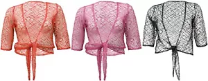 3/4 Ärmel steife Spitze Achselzucken Krawatten Bolero kurz Cardi Party Cover Top Damen - Bild 1 von 12