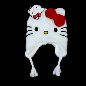 NEW Hello Kitty Hat Kids White Faux Fur 3D Red Bow Laplander Beanie One Size - Picture 1 of 7