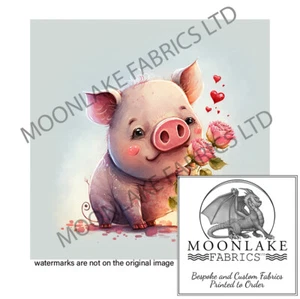 Valentine Pig With Roses 100% Cotton or Polyester Fabric crafting Square - Picture 1 of 3