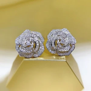 2Ct Round Cut Lab-Created Diamond Rose Shape Stud Earrings 14k White Gold Plated - Picture 1 of 6