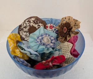 11 primitive shabby rustic handmade multicolor fabric flowers in blue bowl new 1 - Picture 1 of 5