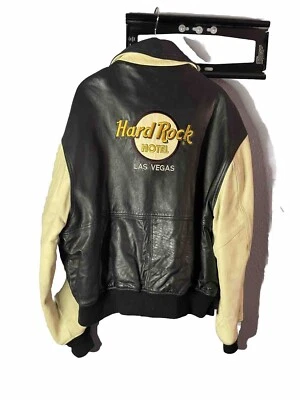 Chaqueta Bomber De Colección Años 90 Hard Rock Hotel Las Vegas Logo Bordado Cuero XL Foto 1 de 4