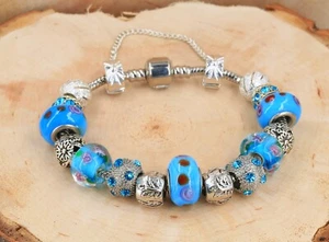 Turquoise blue silver glass rhinestone bead snake European charm bracelet - Picture 1 of 5