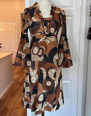 Handmade Vintage psychedelic Print Bell Sleeve Midi Dress Sz M Brown Orange 70s - Image 1 of 4