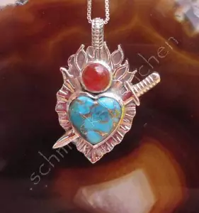 KX Cuore Di Spada Trapassato Turchese Blu Carneolo Ciondolo Argento Sterling 925 - Foto 1 di 6