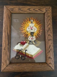 VTG MCM Needlepoint Crewel Framed Lamp Brown Orange Yellow Mid Century Library  - Picture 1 of 6