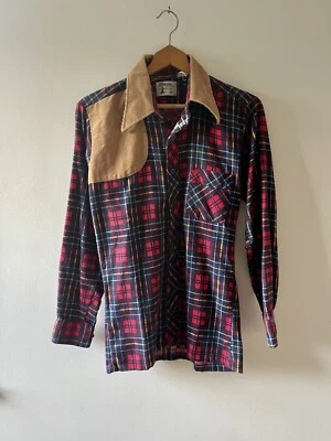 Vintage Monzini Hunting Shirt M Plaid Long Sleeve Shooting Patch 60s 70s Red - Image 1 of 3