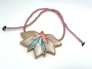Vintage Pendant Necklace Mother of Pearl Inlaid Pink Blue Beaded USA 1970' - Picture 1 of 11