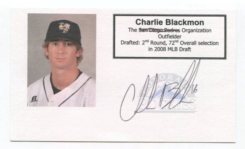 Charlie Blackmon Signed 3x5 Index Card Autographed Baseball SUPER EARLY CAREER - Image 1 of 2