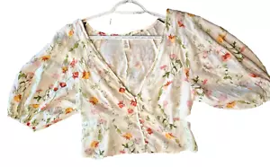 Women M Linen Floral Crop Top V Neck Ivory Dainty Flowers Puff Sleeve Elegant - Picture 1 of 6