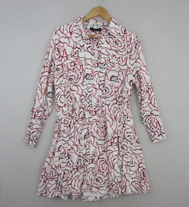 Basque Dress Womens 12 White Pink Black Geometric Shirt Collar Flared Flowy Work - Picture 1 of 18