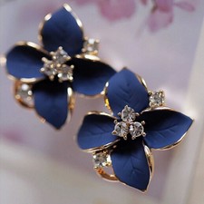 Fashion Women Elegant Blue Flower Charm Crystal Ear Stud Earrings Clip-On High
