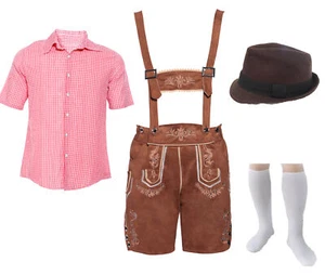 Mens Authentic German Bavarian Suede Lederhosen Oktoberfest Costume + Hat + Sock - Picture 1 of 3