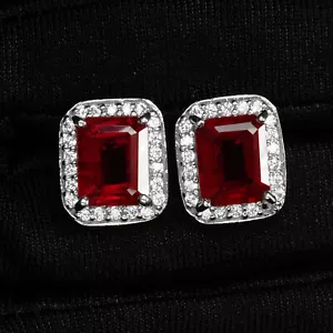 Lustrous Blood Red Ruby 8.65Ct 925 Sterling Silver White Gold Plated Earrings - Picture 1 of 5