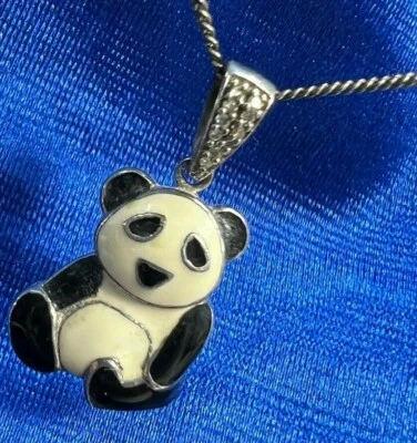 Vintage DIAMOND PANDA 7/8" Reiki pendant 0.925 STERLING SILVER 17" NECKLACE - Image 1 of 4